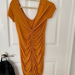 Mustard yellow ruched mini dress